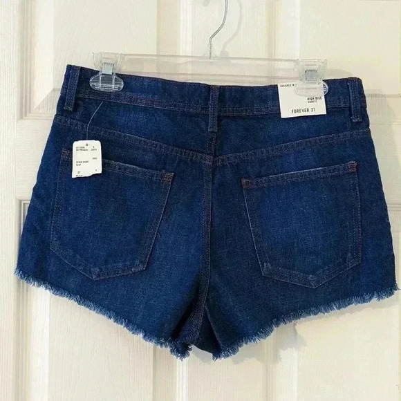 Forever 21 Raw Hem Fringe High Waist Blue Stretch Denim Jean Shorts Size 27 NWT - Picture 2 of 7